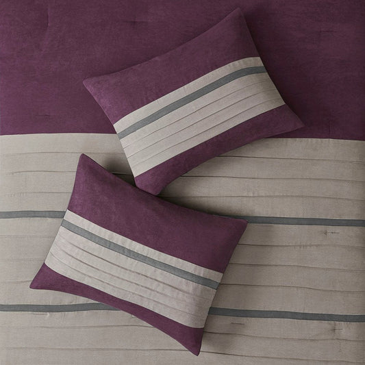 Set of Seven Purple And Gray Striped King Ring Stitch Polyester Sham And Comforter HomeRoots