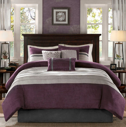 Set of Seven Purple And Gray Striped King Ring Stitch Polyester Sham And Comforter HomeRoots