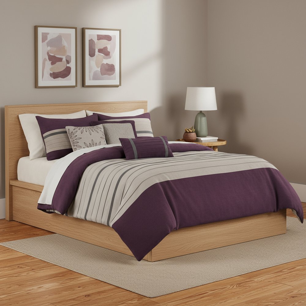 Set of Seven Purple And Gray Striped King Ring Stitch Polyester Sham And Comforter HomeRoots