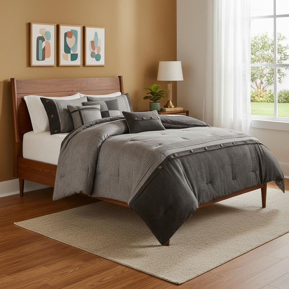 Set of Seven Gray King Ring Stitch Polyester Sham And Comforter HomeRoots