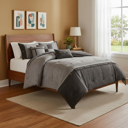 Set of Seven Gray King Ring Stitch Polyester Sham And Comforter HomeRoots