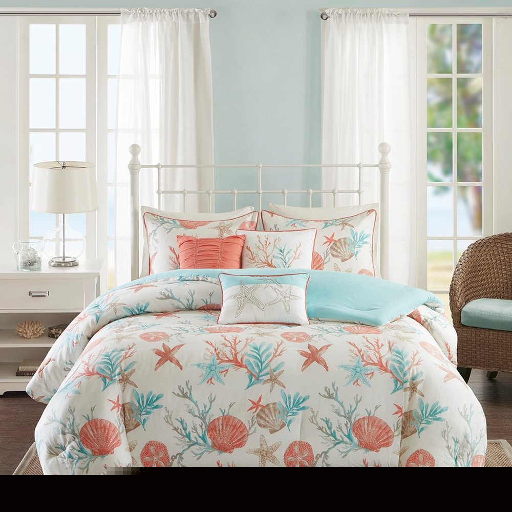 Set of Seven Aqua And Coral King Ring Stitch Sham And Comforter HomeRoots