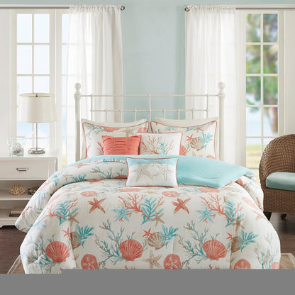 Set of Seven Aqua And Coral King Ring Stitch Sham And Comforter HomeRoots