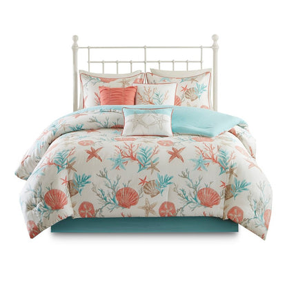 Set of Seven Aqua And Coral King Ring Stitch Sham And Comforter HomeRoots