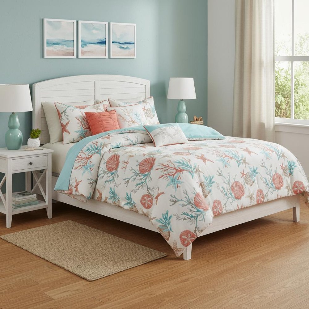 Set of Seven Aqua And Coral King Ring Stitch Sham And Comforter HomeRoots
