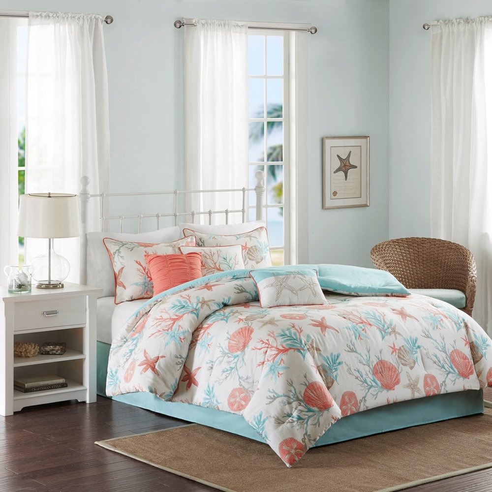 Set of Seven Aqua And Coral King Ring Stitch Sham And Comforter HomeRoots