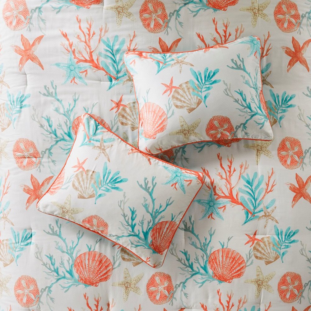 Set of Seven Aqua And Coral King Ring Stitch Sham And Comforter HomeRoots