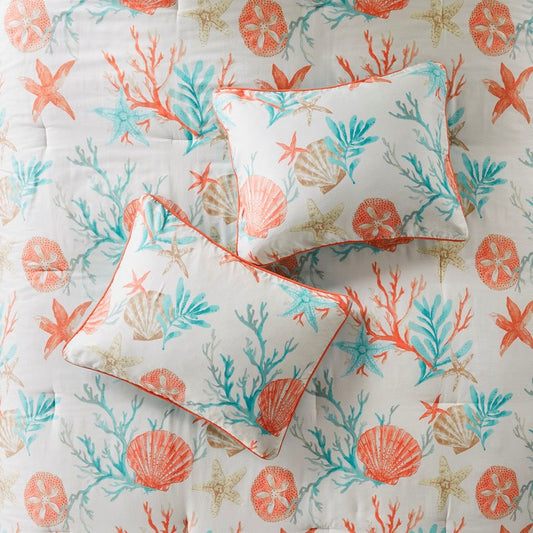 Set of Seven Aqua And Coral King Ring Stitch Sham And Comforter HomeRoots