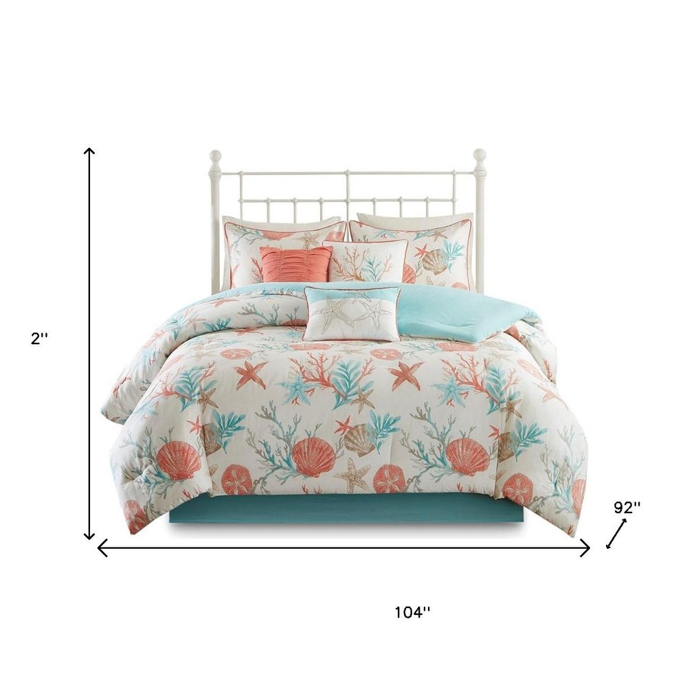 Set of Seven Aqua And Coral King Ring Stitch Sham And Comforter HomeRoots