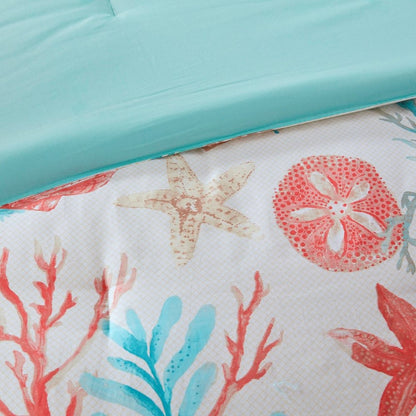 Set of Seven Aqua And Coral King Ring Stitch Sham And Comforter HomeRoots