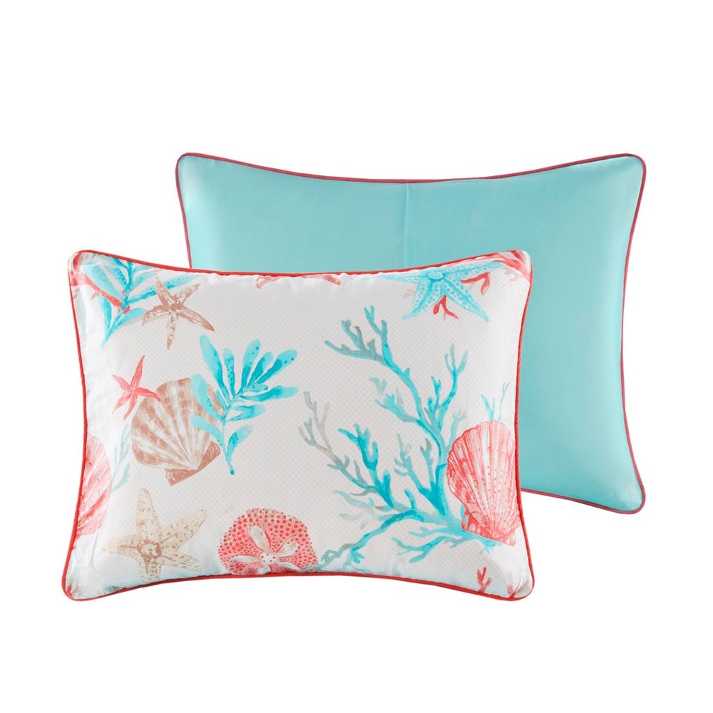 Set of Seven Aqua And Coral King Ring Stitch Sham And Comforter HomeRoots