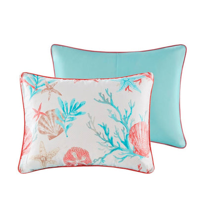 Set of Seven Aqua And Coral King Ring Stitch Sham And Comforter HomeRoots