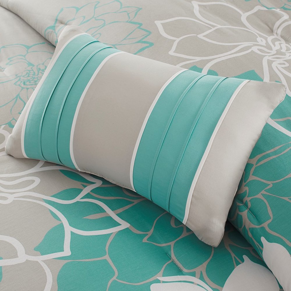 Set of Seven Aqua And White Floral King Ring Stitch Sham And Comforter HomeRoots