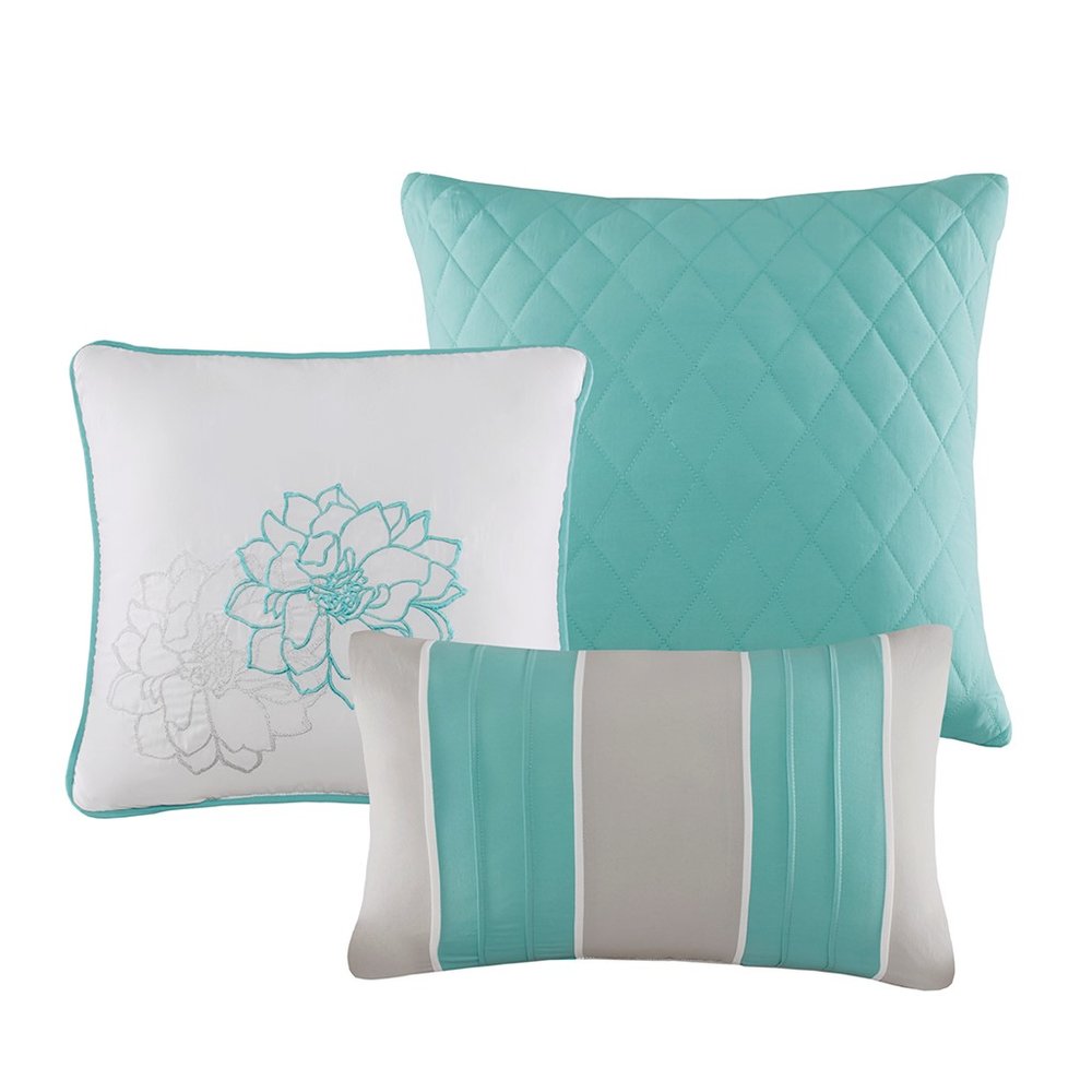Set of Seven Aqua And White Floral King Ring Stitch Sham And Comforter HomeRoots