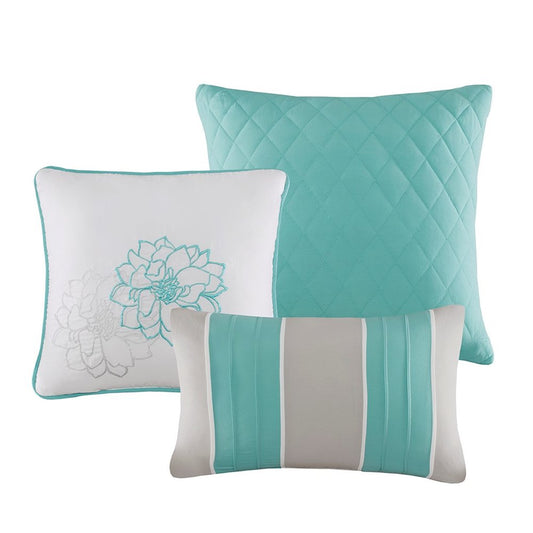 Set of Seven Aqua And White Floral King Ring Stitch Sham And Comforter HomeRoots
