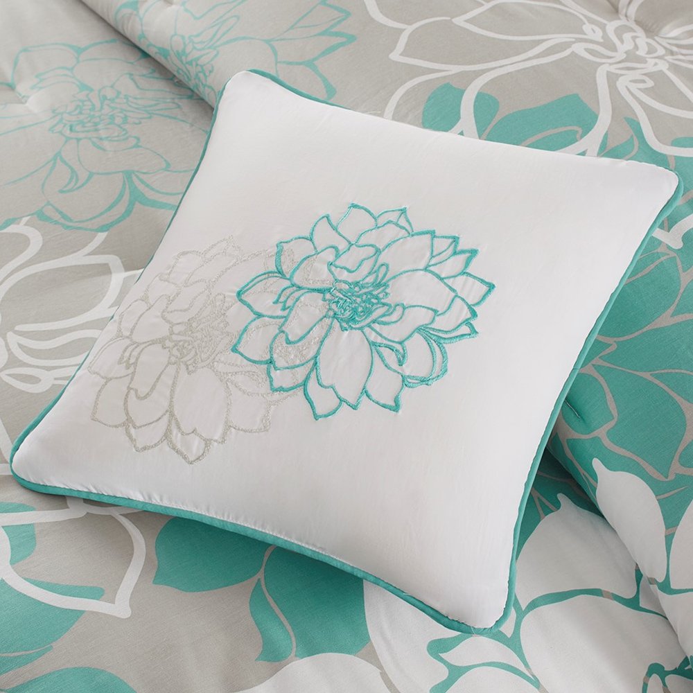 Set of Seven Aqua And White Floral King Ring Stitch Sham And Comforter HomeRoots