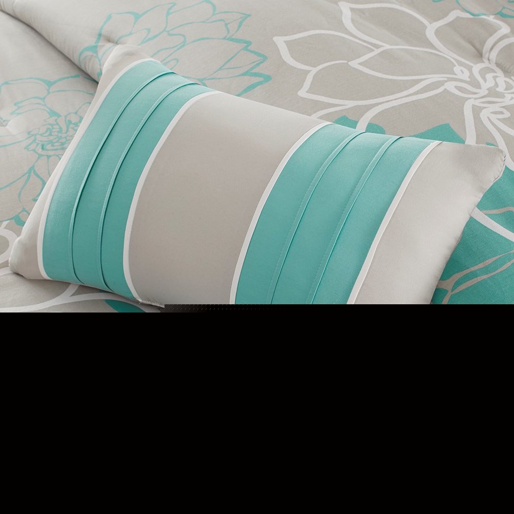 Set of Seven Aqua And White Floral King Ring Stitch Sham And Comforter HomeRoots