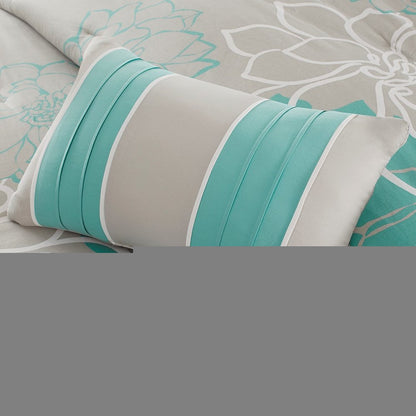 Set of Seven Aqua And White Floral King Ring Stitch Sham And Comforter HomeRoots