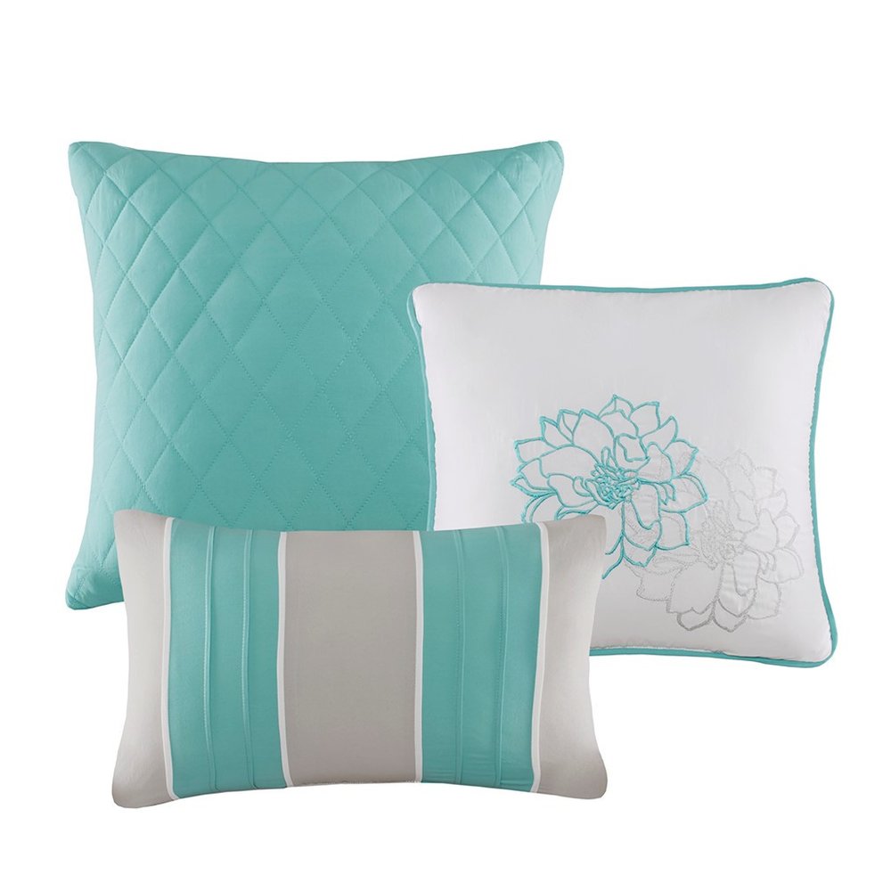 Set of Seven Aqua And White Floral King Ring Stitch Sham And Comforter HomeRoots