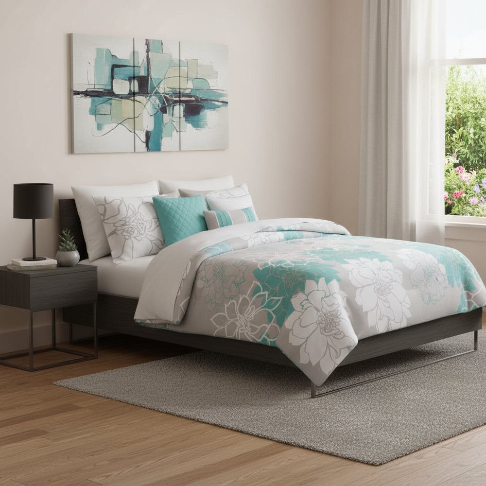 Set of Seven Aqua And White Floral King Ring Stitch Sham And Comforter HomeRoots