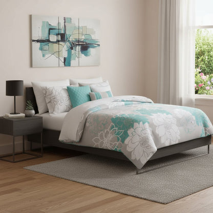 Set of Seven Aqua And White Floral King Ring Stitch Sham And Comforter HomeRoots