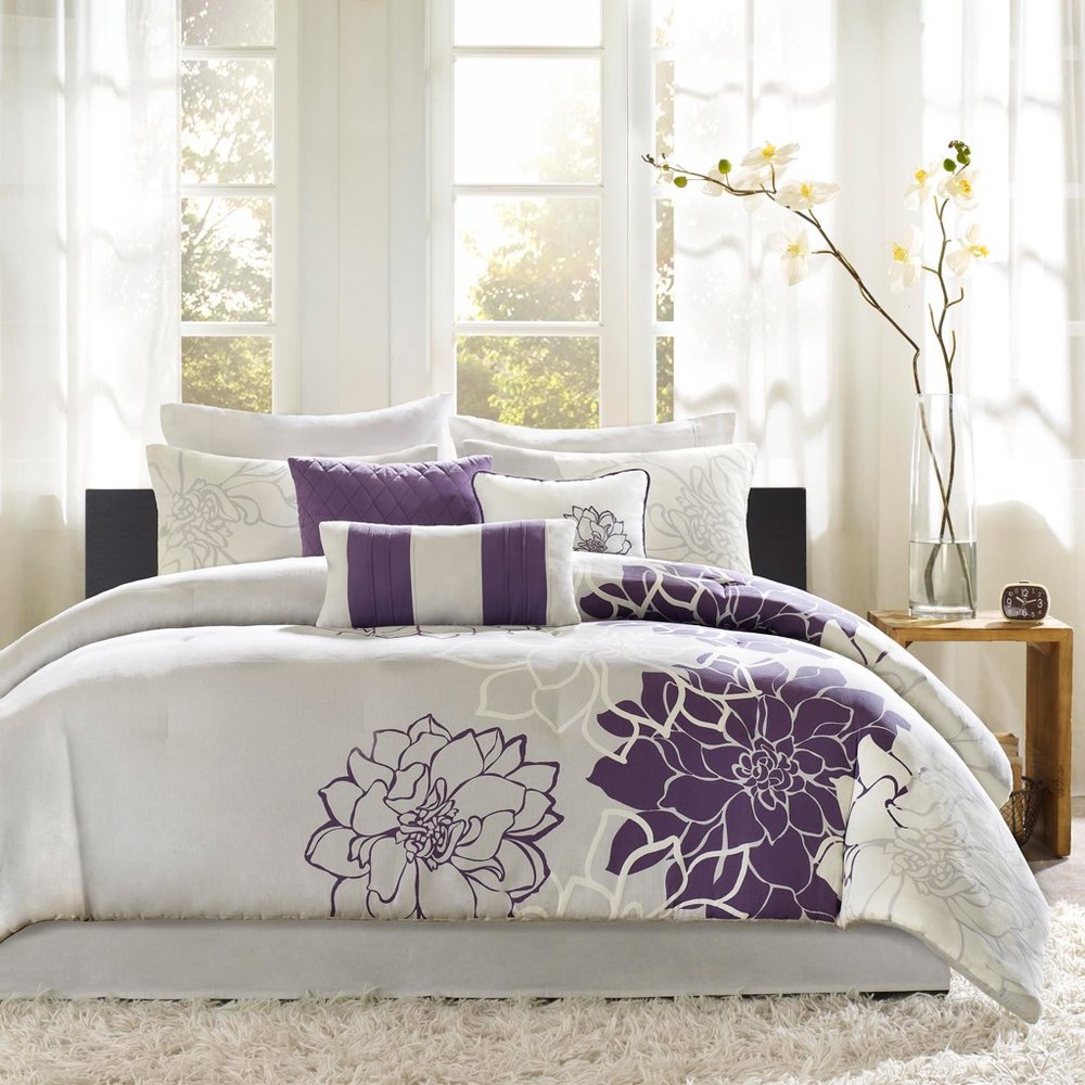 Set of Seven Purple And White Floral King Ring Stitch Sham And Comforter HomeRoots