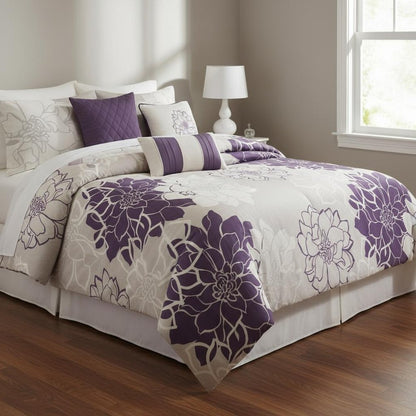Set of Seven Purple And White Floral King Ring Stitch Sham And Comforter HomeRoots
