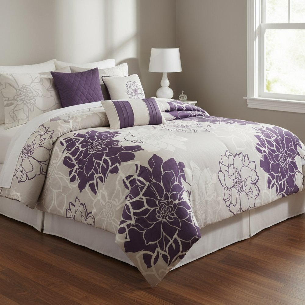 Set of Seven Purple And White Floral King Ring Stitch Sham And Comforter HomeRoots