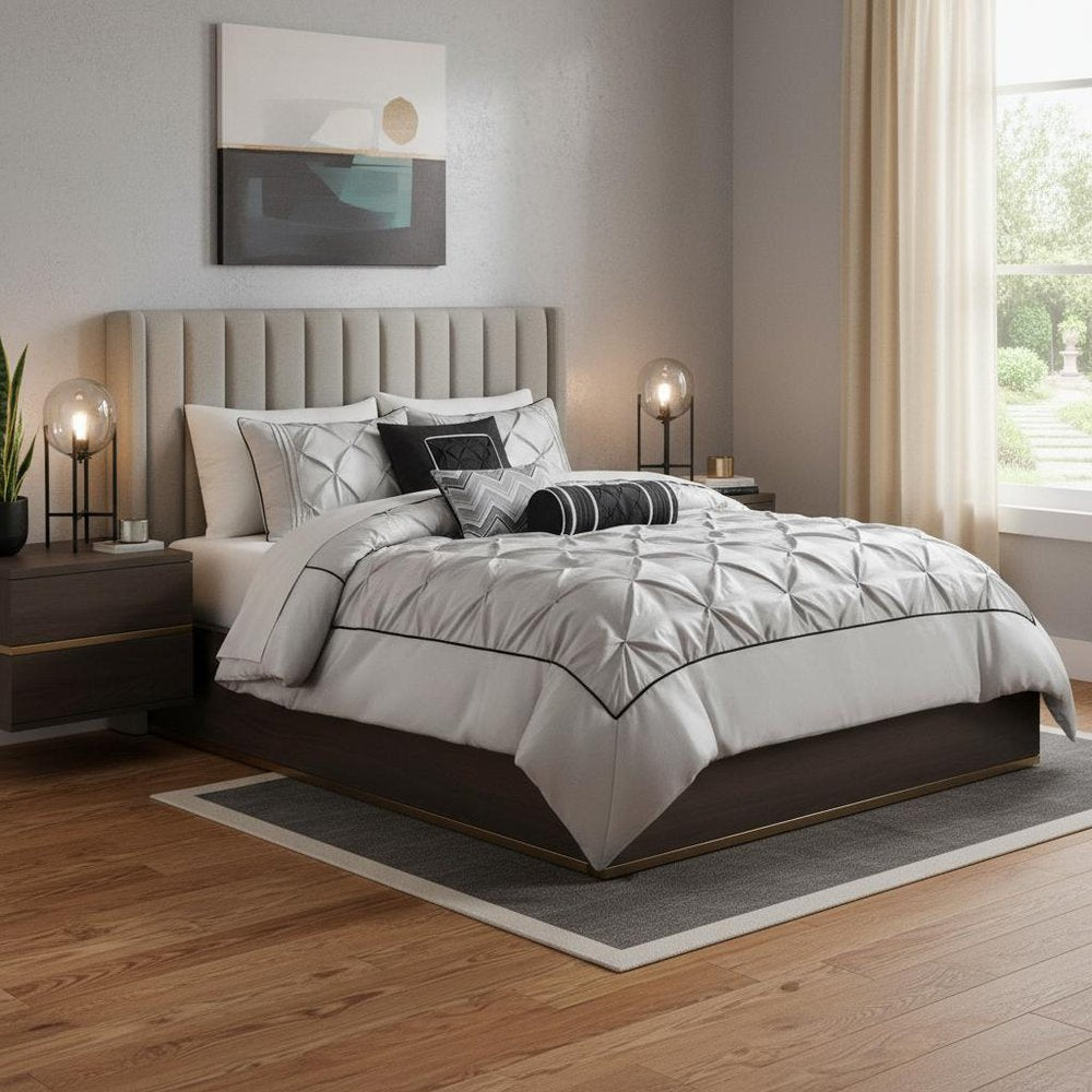 Set of Seven Gray Full Ring Stitch Polyester Sham And Comforter HomeRoots