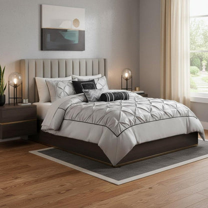 Set of Seven Gray Full Ring Stitch Polyester Sham And Comforter HomeRoots