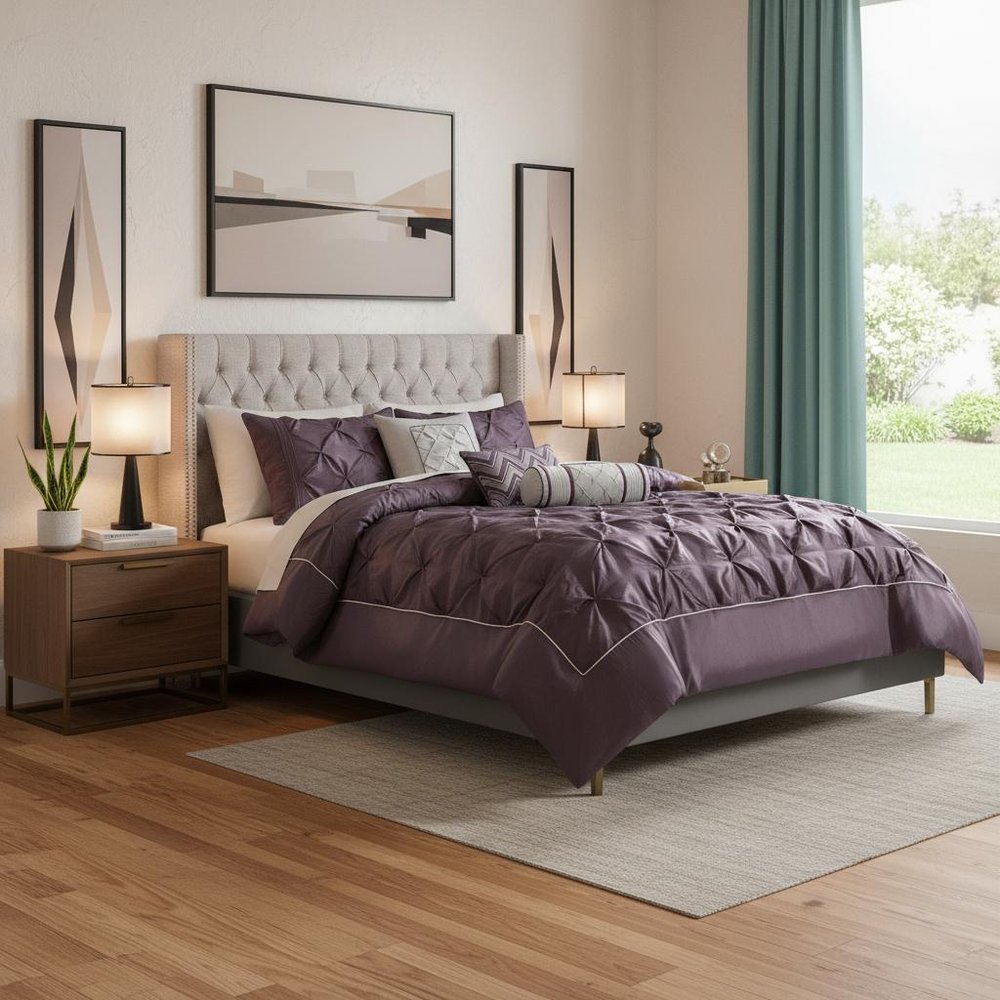 Set of Seven Plum King Ring Stitch Polyester Sham And Comforter HomeRoots