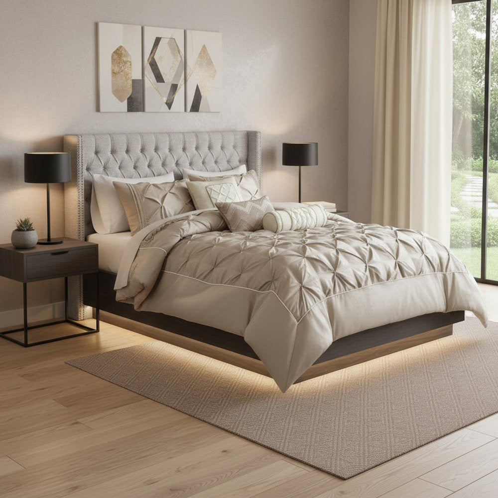 Set of Seven Taupe King Ring Stitch Polyester Sham And Comforter HomeRoots