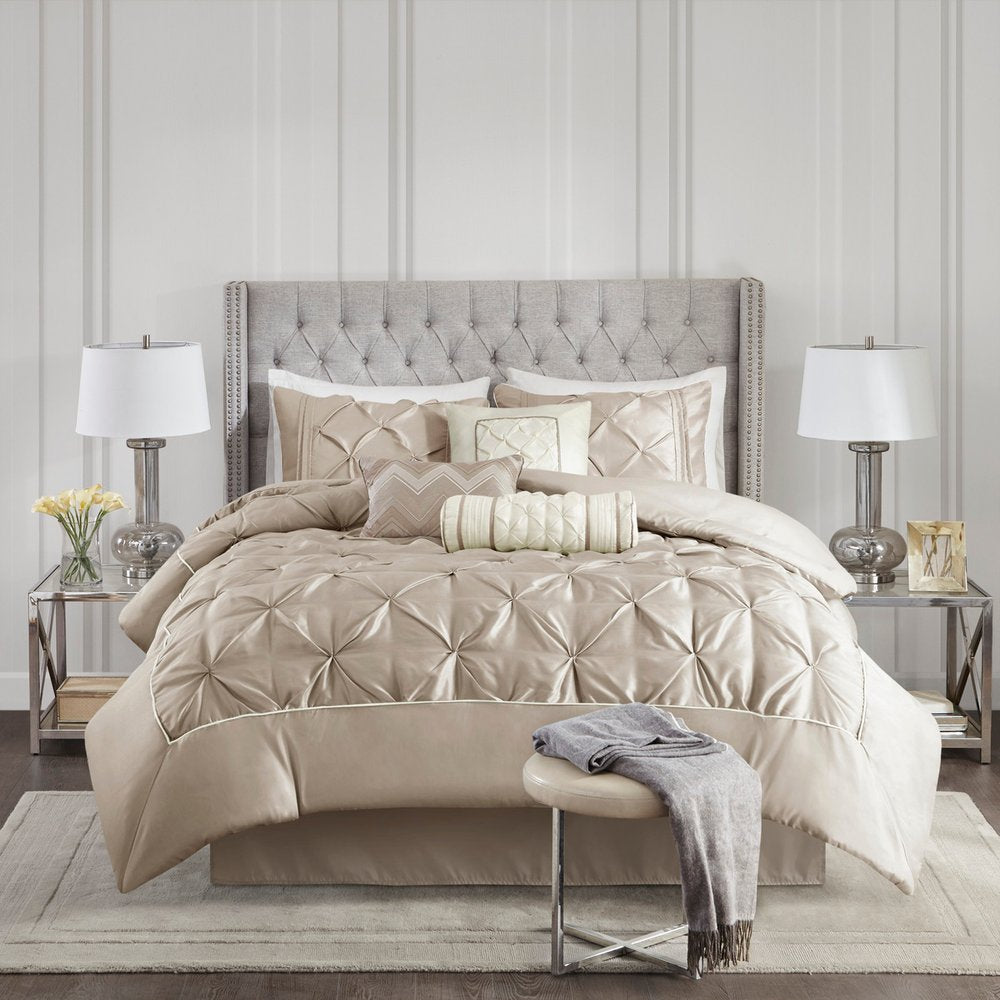 Set of Seven Taupe King Ring Stitch Polyester Sham And Comforter HomeRoots
