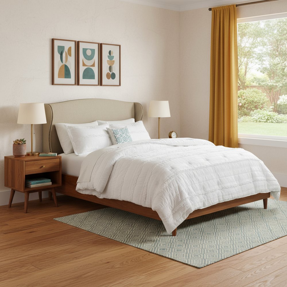 Set of Five White King Ring Stitch Polyester Sham And Comforter HomeRoots