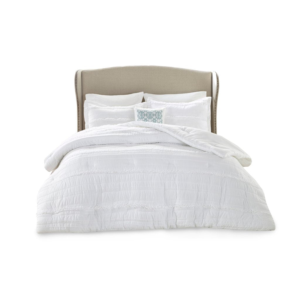 Set of Five White King Ring Stitch Polyester Sham And Comforter HomeRoots