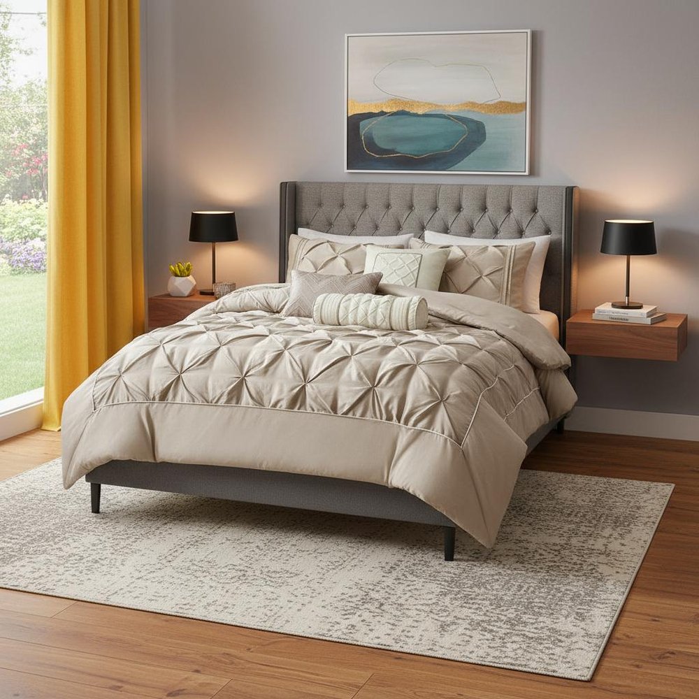 Set of Seven Taupe Queen Ring Stitch Polyester Sham And Comforter HomeRoots