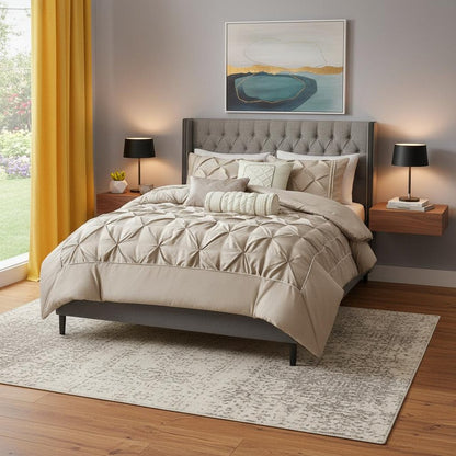 Set of Seven Taupe Queen Ring Stitch Polyester Sham And Comforter HomeRoots