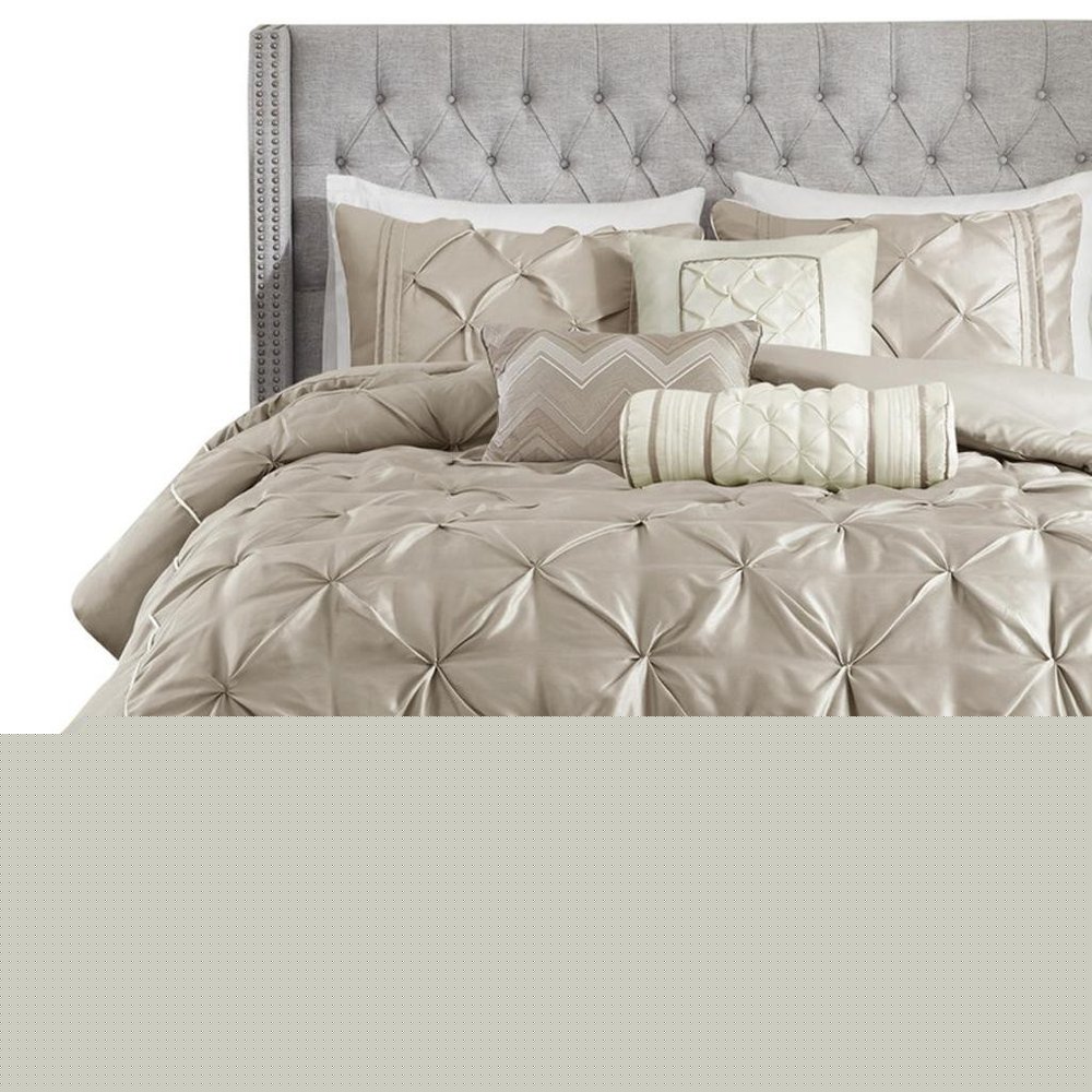 Set of Seven Taupe Queen Ring Stitch Polyester Sham And Comforter HomeRoots