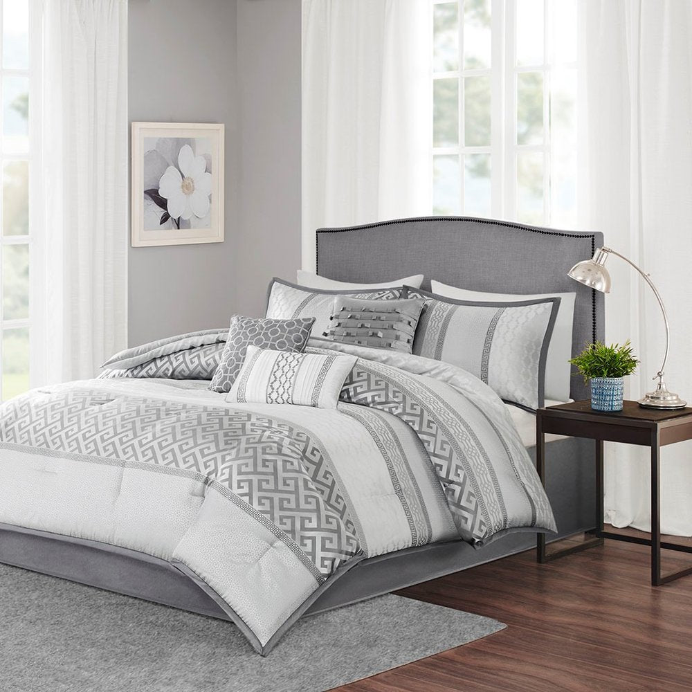 Set of Seven Gray And Ivory Striped King Ring Stitch Polyester Sham And Comforter HomeRoots