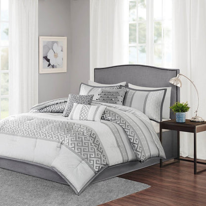 Set of Seven Gray And Ivory Striped King Ring Stitch Polyester Sham And Comforter HomeRoots
