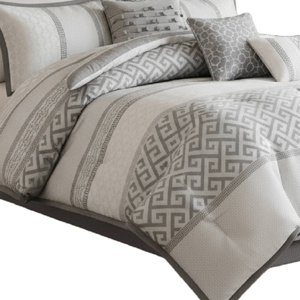 Set of Seven Gray And Ivory Striped King Ring Stitch Polyester Sham And Comforter HomeRoots