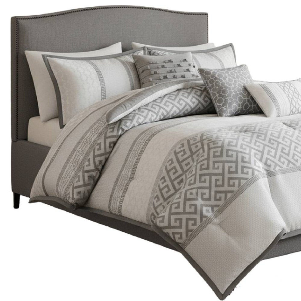 Set of Seven Gray And Ivory Striped King Ring Stitch Polyester Sham And Comforter HomeRoots