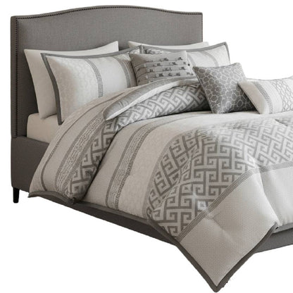 Set of Seven Gray And Ivory Striped King Ring Stitch Polyester Sham And Comforter HomeRoots