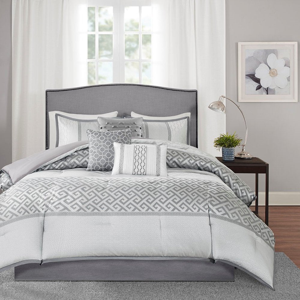Set of Seven Gray And Ivory Striped King Ring Stitch Polyester Sham And Comforter HomeRoots