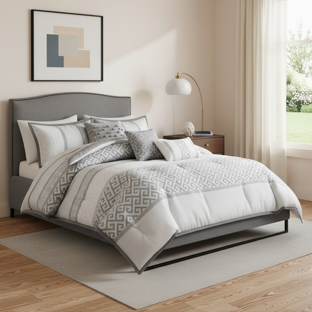 Set of Seven Gray And Ivory Striped King Ring Stitch Polyester Sham And Comforter HomeRoots