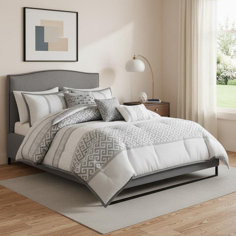 Set of Seven Gray And Ivory Striped King Ring Stitch Polyester Sham And Comforter HomeRoots