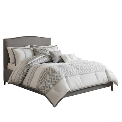 Set of Seven Gray And Ivory Striped King Ring Stitch Polyester Sham And Comforter HomeRoots