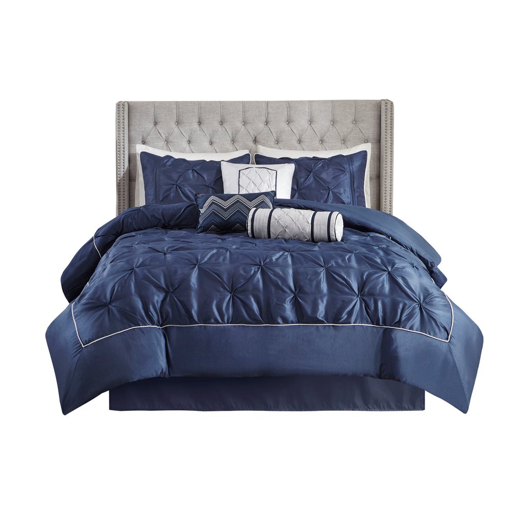 Set of Seven Navy Blue Queen Ring Stitch Polyester Sham And Comforter HomeRoots