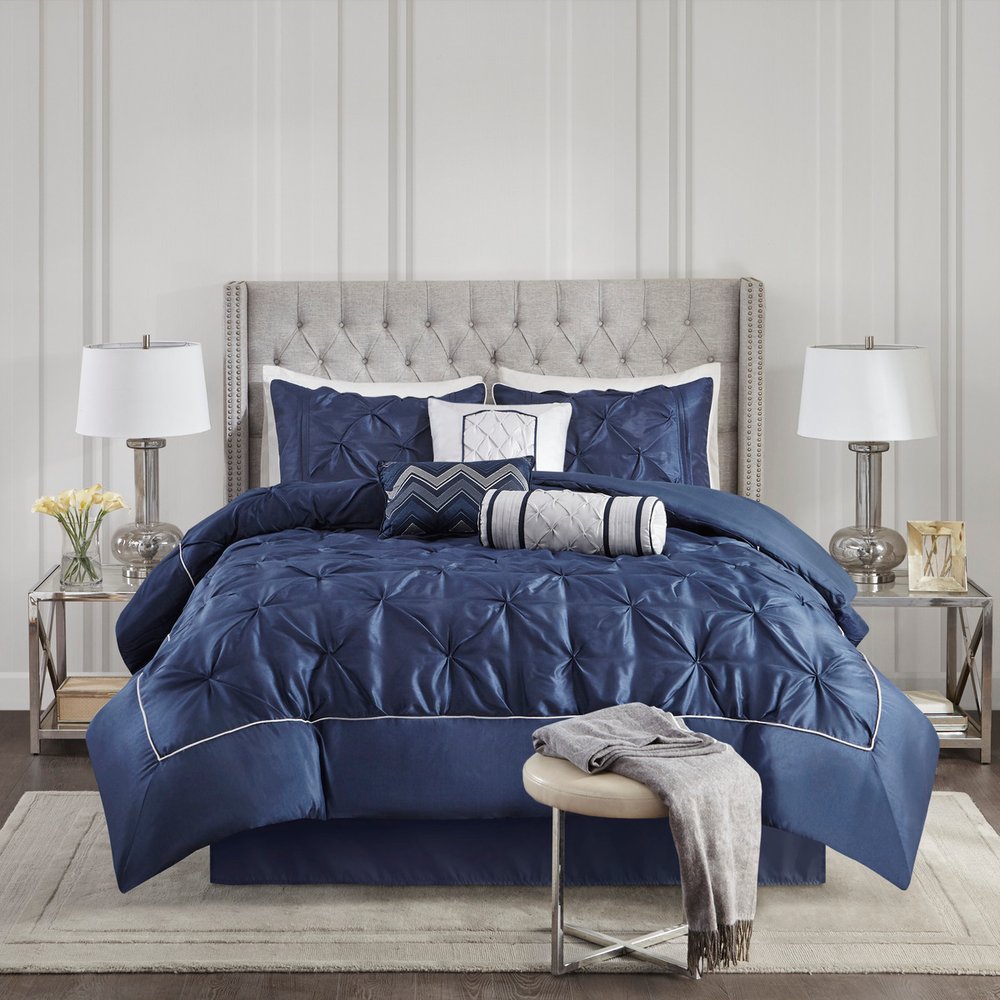 Set of Seven Navy Blue Queen Ring Stitch Polyester Sham And Comforter HomeRoots