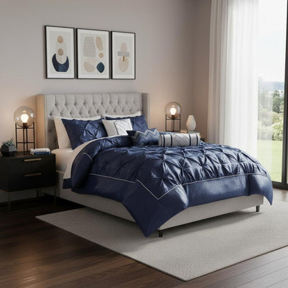 Set of Seven Navy Blue Queen Ring Stitch Polyester Sham And Comforter HomeRoots
